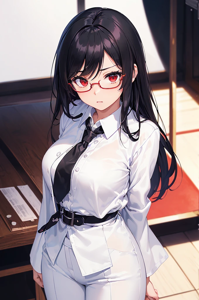 (masterpiece; best quality: 1.2), (finely detailed eyes: 1.3), ((25 year old woman)), ((solo)), (red eyes: 1.4), (body; gorgeous, luscious, femenine: 1.3), (silky black hair: 1.3), (beautiful and clear background: 1.2), ((depth of field)), (equipment: white unbuttoned labcoat + black shirt + white necktie + white pants + black belt + black square glasses: 1.3), (anime illustration: 1.2), (background composition; japanese highschool classroom + furniture: 1.1), (extremely fine and beautiful: 1.1), (shot composition; standing + centered on torso + close-up: 1.5), (expression; calm, stoic: 1.2)
