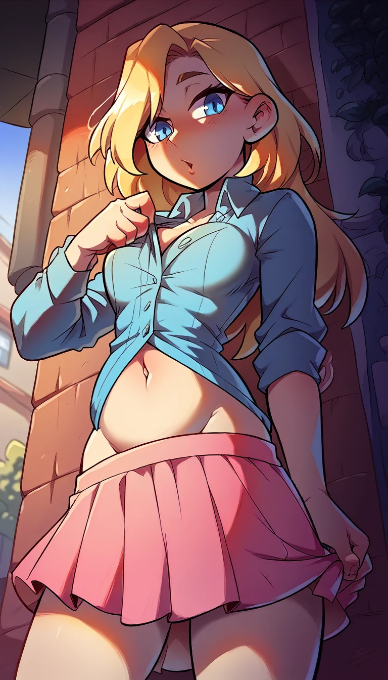 A girl with blue eyes and long blonde hair, she wears a wine button-down shirt, shows her navel, and has long dark pink skirts underneath.