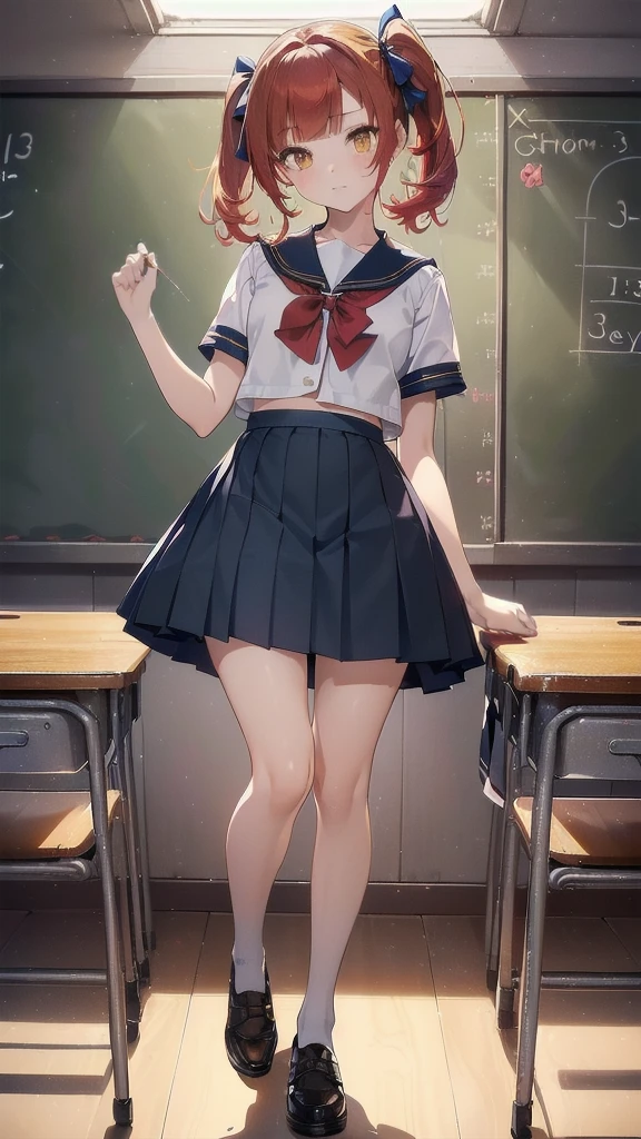 ((top quality, ultra-detailed, high resolution, extremely detailed CG, unity 8k wallpaper, by famous artist, perfect ???????, super detailed skin, cinematic lighting, UHD, retina, anatomically correct, 1080P)), (Please draw a single one happy girl walking in a classroom school :1.3), ((1girl)), (Solo, face,13-year-old:2.0), a junior high school student, ((cute petit girl, chibi, babyface)) androgynous charm, (Medium hair, ((full red hair)) ((redhead)), pigtails, straight bangs, with a bow in her hair, ((very thin legs)), ((skinny legs, thin body, small build)), Full limbs, complete fingers, ((perfect fingers and hands)), flat chest, small breasts, childish body, small butt, groin, Beautiful detailed full yellow gold eyes, perfect eyes, sailor , ((blue skirt)) and white blouse, ((red bow on the blouse)), blue sailor collar, short sleeves, ((black long stockings)), (Detailed Lighting), ((classroom background)), (Detailed scenary background), ((in the school zone)), full body view, ((standing)), legs. Cute, kawaii single girl (one girl), full body shot. ((Background is the school)), front body, ((left hand up, right hand down)), ((little young 13 years old body:1.3))