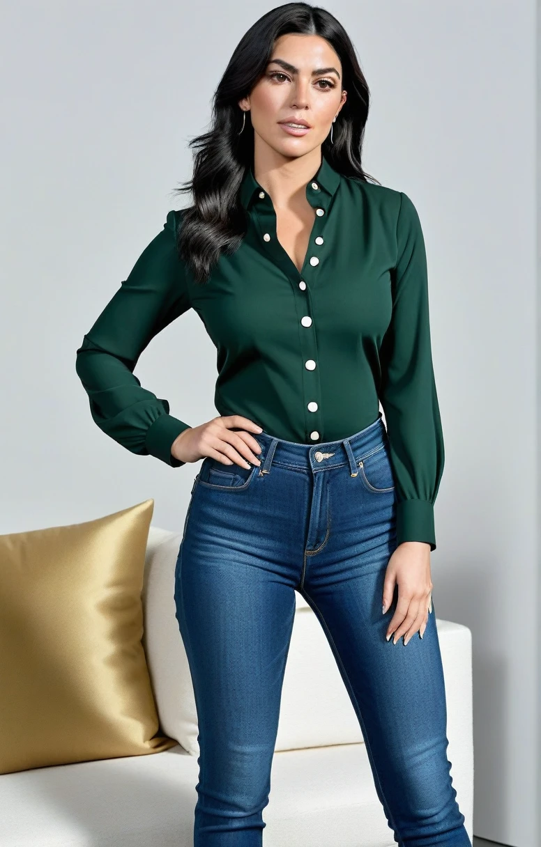 thin lady, culona, a dark green blouse with white buttons, big legs, small waist, jeans fitted to your figure, photo the (Georgina Rodriguez wife of cristiano ronaldo)