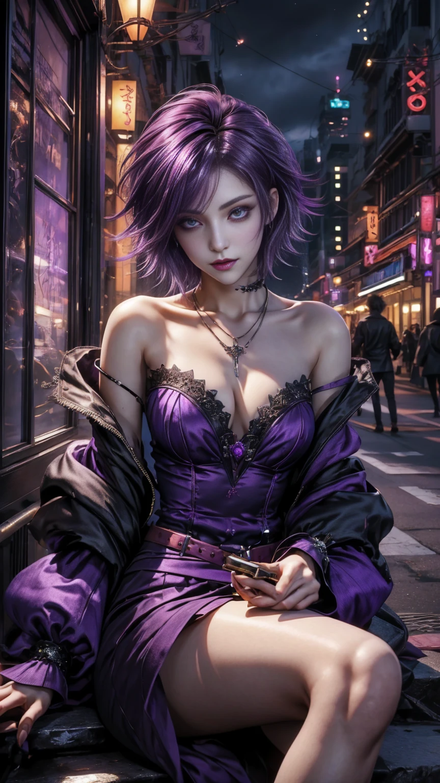 masterpiece, top-quality, ((1womanl)), different purple color, finely eye and detailed face, intricate detailes, Casual black and purple attire, window, A smile, Happiness, tenderness, high-level image quality、selfee, Beautuful Women、tall、a small face, D-cups, The upper part of the body、nightfall, nighttime scene、𝓡𝓸𝓶𝓪𝓷𝓽𝓲𝓬、Korea person, Idol Photos, Model photo, k pop, Professional Photos, Vampires, Korean fashion in black and purple, Fedoman with necklace, inspired by Sim Sa-jeong, androgynous vampire, :9 detailed face: 8, extra detailed face, detailed punk hair, ((eyes are deialed)) baggy eyes, Seductive. Highly detailed, semi realistic anime, Vampires, hyperrealistic teen, Delicate androgynous princess, imvu, ((short hair woman)), purple hair woman with wild look, ((Woman with short purple hair)), ((1 persons)), ((sitting, big perky breasts, deep cleavage, oily skin, oily body)), ((1 persons)), sitting, legs crossed, POV from below,))