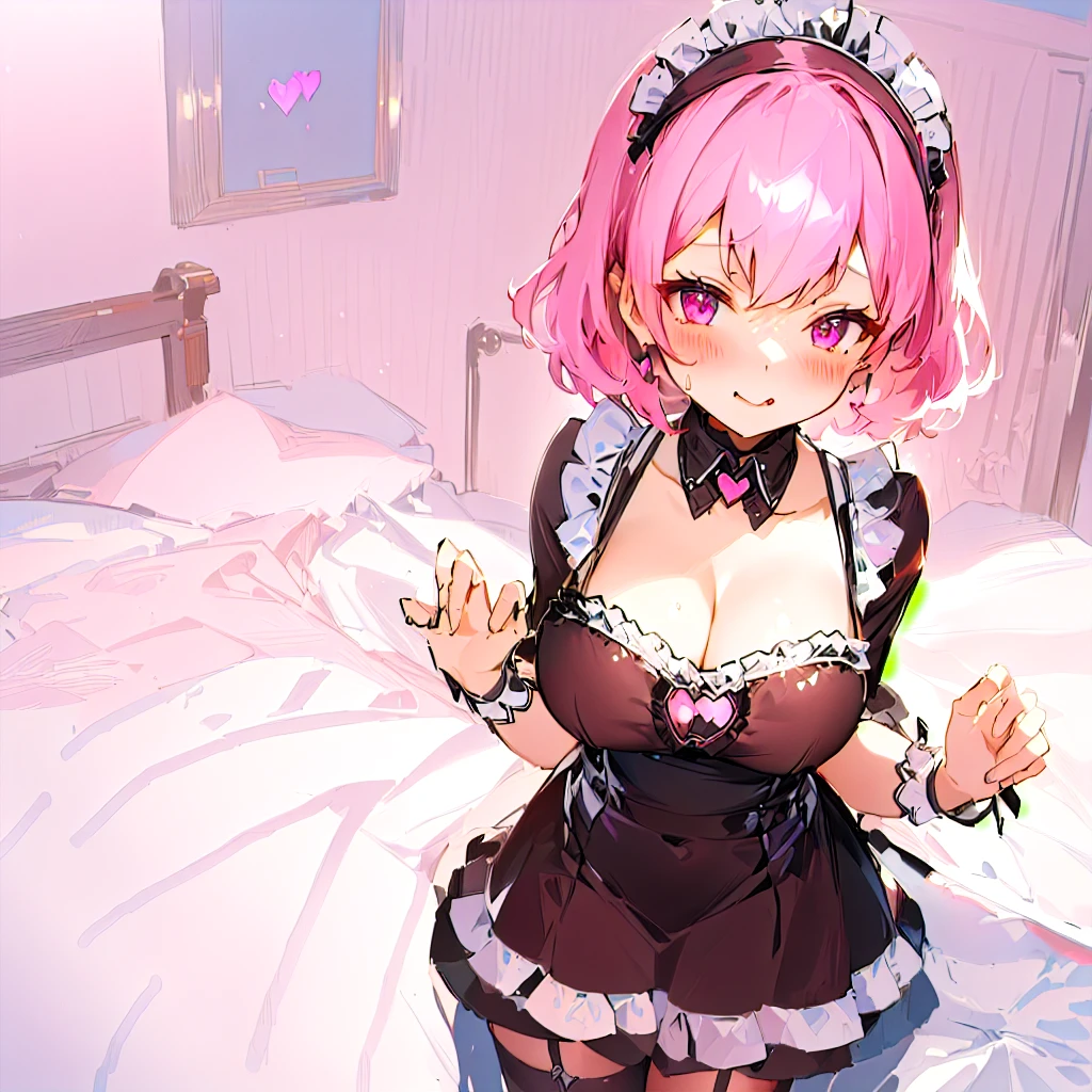 ((masterpiece)), ((best quality:1.2)), ((highly detailed)), (original), ((delicate background)), ((extremely detailed 8K wallpaper)), sweet, depth of field, fantasy, 
BREAK 
((1girl)), solo, cute girl, anime waifu girl, 20 years old, shiny skin, 
BREAK 
maid, ((classic maid dress)), ((wearing edgcatlingerie)), cat cutout, cleavage cutout, lots of frills, ((huge breasts)), 
BREAK 
curly hair, faint pink hair, short hair, 
BREAK 
((heart-shaped eyes)), pink eyes, tongue out, blush, sweating, 
BREAK 
full body shot, ((on the bed)), looking at the viewer, 