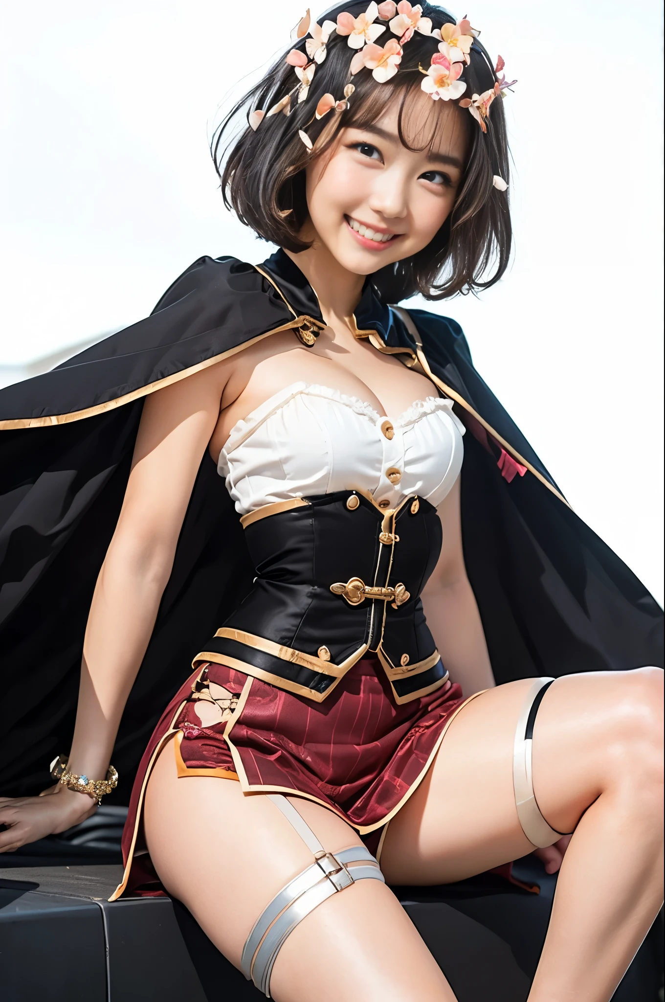 (8K、Raw photography、Highest quality、masterpiece:1.2),(Black Hair、Dark Eyes:1.9),(:1.6)、View your audience,Viewed from the front,White skin,(:1.4)、(Tight waist:1.6)、(Clothes that accentuate the shape of the breasts:1.0)、(Big Breasts :1.3)、Slim figure、Ultra-high resolution,beautiful,beautiful fece,(One person、No background:1.9),whole bodyボディー,Japanese women,(reality的:1.37)、Photon Mapping,reality、(Baby-faced and cute: 1.4)、(Cute Smile: 1.8)、(Round face: 1.8)、Radio City、Physically Based Rendering、Depth of field rally background、photograph, (I can see your knees、Thigh close-up:1.8),(:1.6),whole body、Great quality