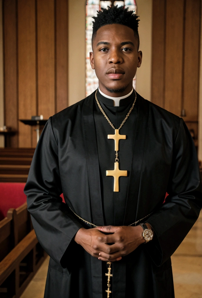 A (( young black male pastor wearing a large cross pendant, clergy collar, and robes)), in his ((living room)) accompanied with ((50 year church mother who is wearing revealing clothing and is extremely busty showing a gross amount of cleavage:1.2)).