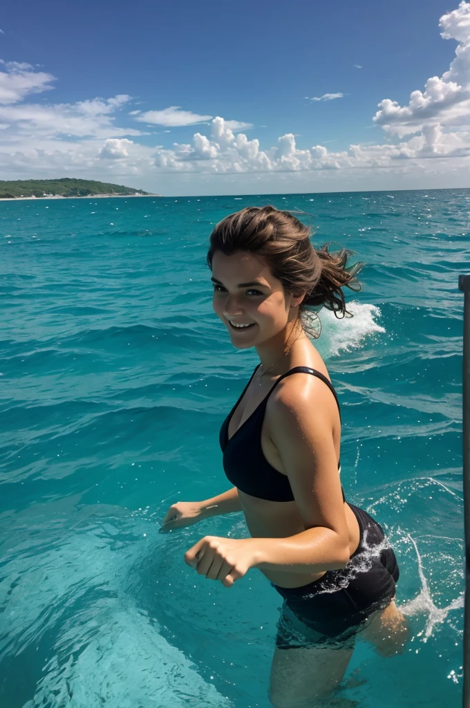 (((full body image of woman))), instagram model Rachel Cook. Full body portrait of A fashion model, glamour, brown hair, with blonde highlights. Wet hair. (((bright blue eyes, smile))), very detailed face, very detailed eyes. Large breasts. (( on a boat, luxurious yacht)) Fishing. Holding a fishing rod. Wearing a very small string bikini . (( tiny string bikini top, large underboob. Tiny thong bikini bottoms.)) Cleavage, underboob, navel, bokeh, 8K, High quality, Masterpiece, Best quality, HD, Extremely detailed, voluminetric lighting, Photorealistic. ((View from behind, view from below. Ass cheeks.))