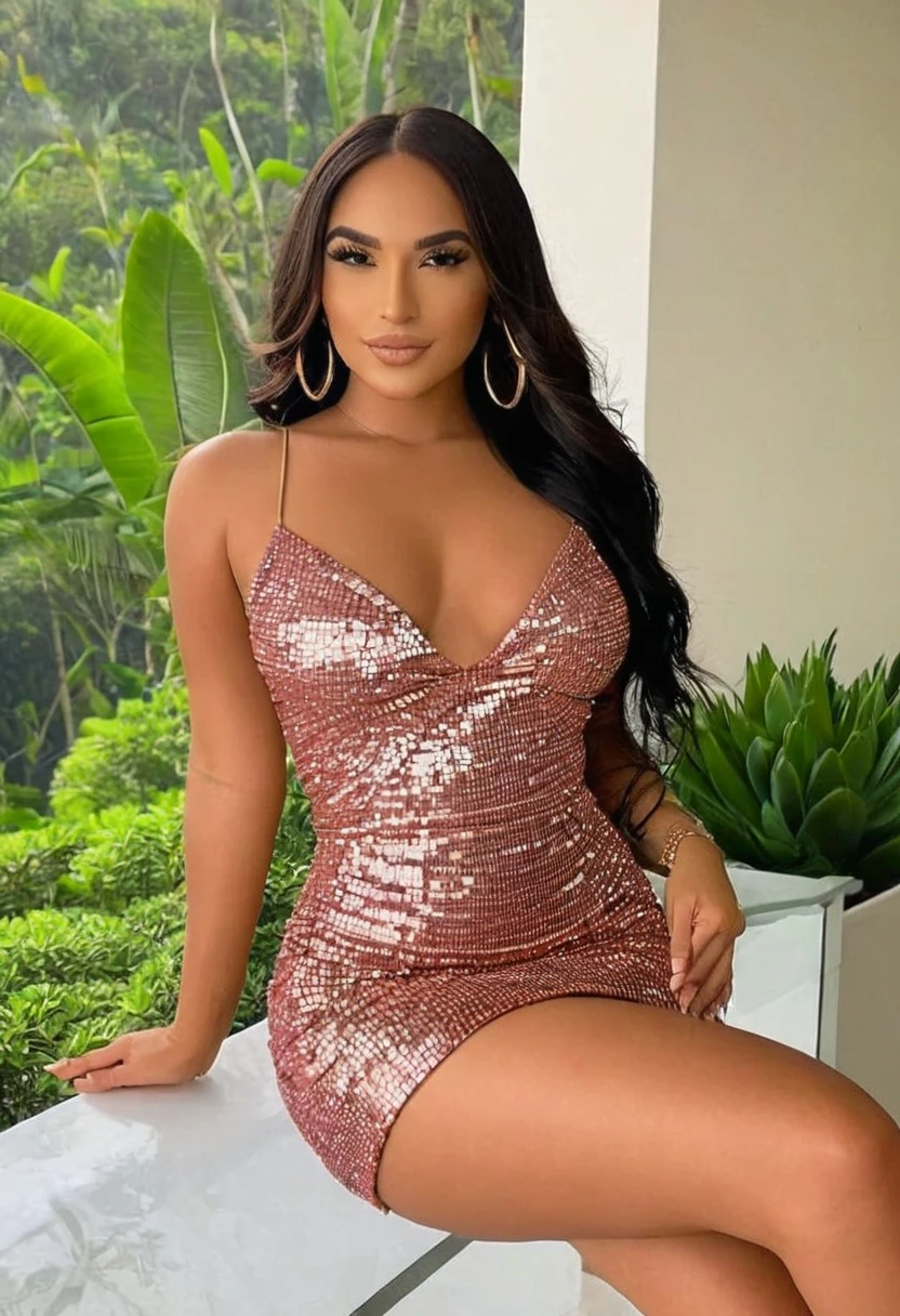 busty indian woman in shiny pink dress posing for a photo, Foto von hinten, in die Cam zeigen, wide hips, Sexy Minikleid, enges Minikleid, sehr kurzes Minikleid, sehr sexy Outfit, Revealing stylish dress, shiny dress, Shy glance towards the camera