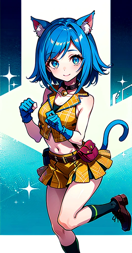 (masterpiece, best quality:1.2), solo, 1girl, sgmsfortune, smile, looking at viewer, paw pose, bob cut, crop top, fingerless gloves, collar, bell, belt, pouch, cat tail 