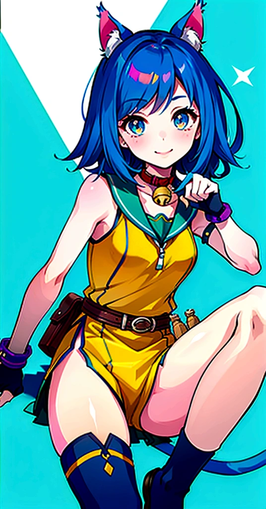 (masterpiece, best quality:1.2), solo, 1girl, sgmsfortune, smile, looking at viewer, paw pose, bob cut, crop top, fingerless gloves, collar, bell, belt, pouch, cat tail 