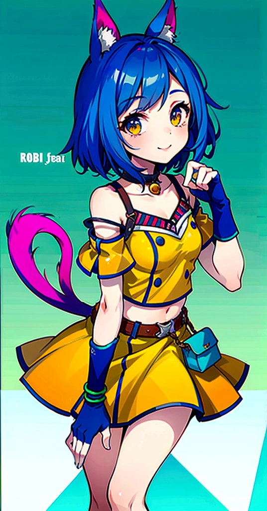 (masterpiece, best quality:1.2), solo, 1girl, sgmsfortune, smile, looking at viewer, paw pose, bob cut, crop top, fingerless gloves, collar, bell, belt, pouch, cat tail 