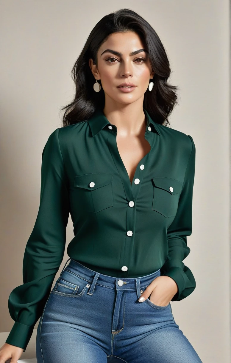 thin lady, culona, a dark green blouse with white buttons, big legs, small waist, jeans fitted to your figure, photo the (Georgina Rodriguez wife of cristiano ronaldo)