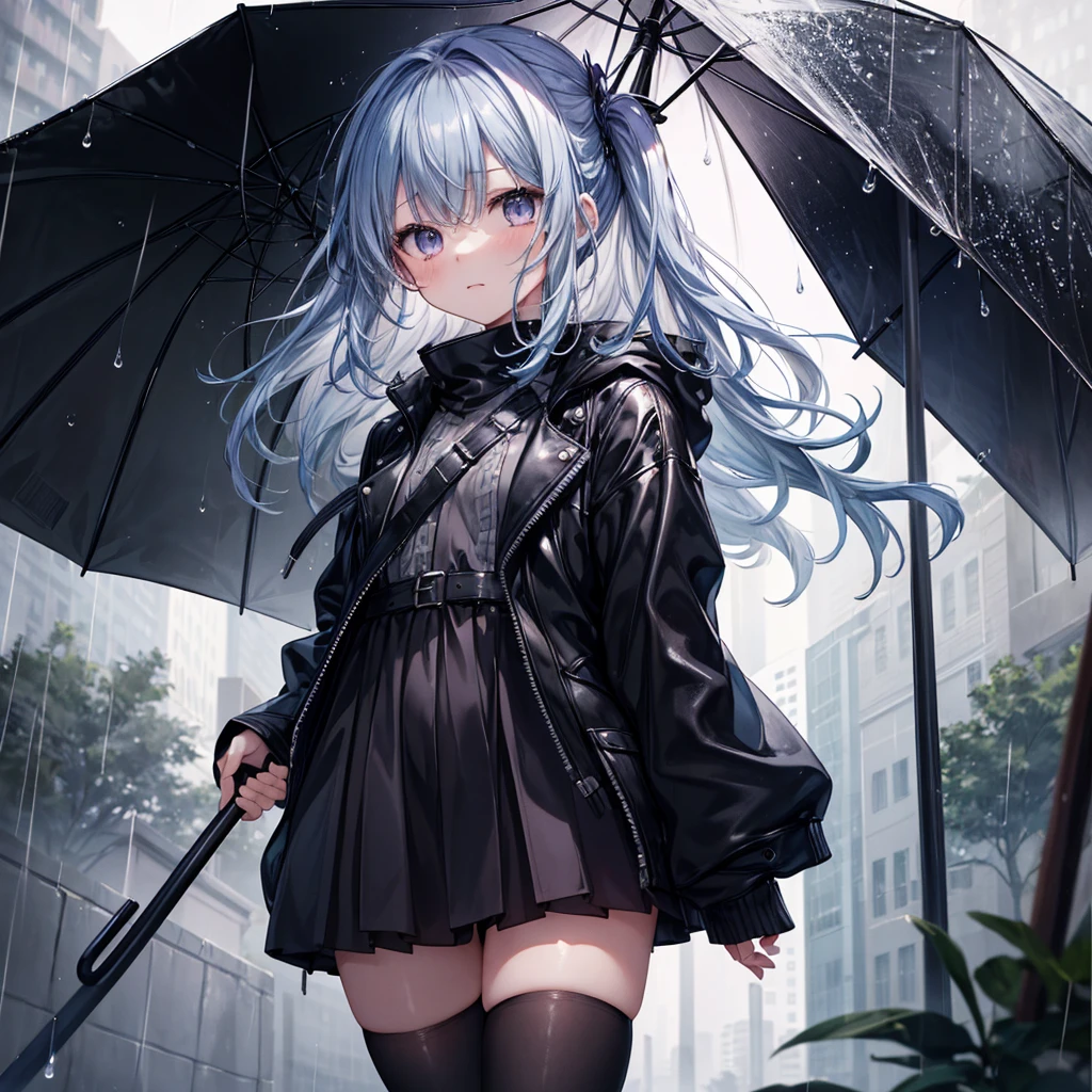 ((Highest quality)), ((masterpiece)), (detailed), From a low angle view、A composition of a girl looking up at a raindrop。The girl is wearing a black leather jacket、She is wearing a black miniskirt that is 5cm above the knee and black shiny stockings.。Wet hair swaying around her face、Expressionless。The tiny raindrops reflect the light、Creates a fantastic atmosphere。A small puddle forms around the girl。The whole image is in high resolution、Use the soft focus effect、Blue and purple color grading applied。In realistic style、Emphasizes the contrast between light and shadow、Expressing the texture of rain-soaked surfaces in detail。