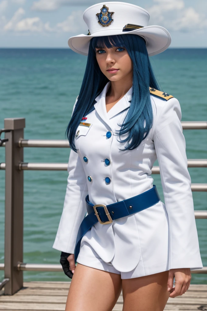 HDR, sharp focus, (8k), (4k), masterpiece, best quality, extremely detailed, hyper detailed, helm, blue eyes, blue hair, long hair, bangs, hair intakes, military hat, hairband, military uniform, buttons, aiguillette, epaulettes, white coat, armband, white belt, white gloves, white shorts, high heels, cowboy shot, looking at viewer, ocean, arms behind head