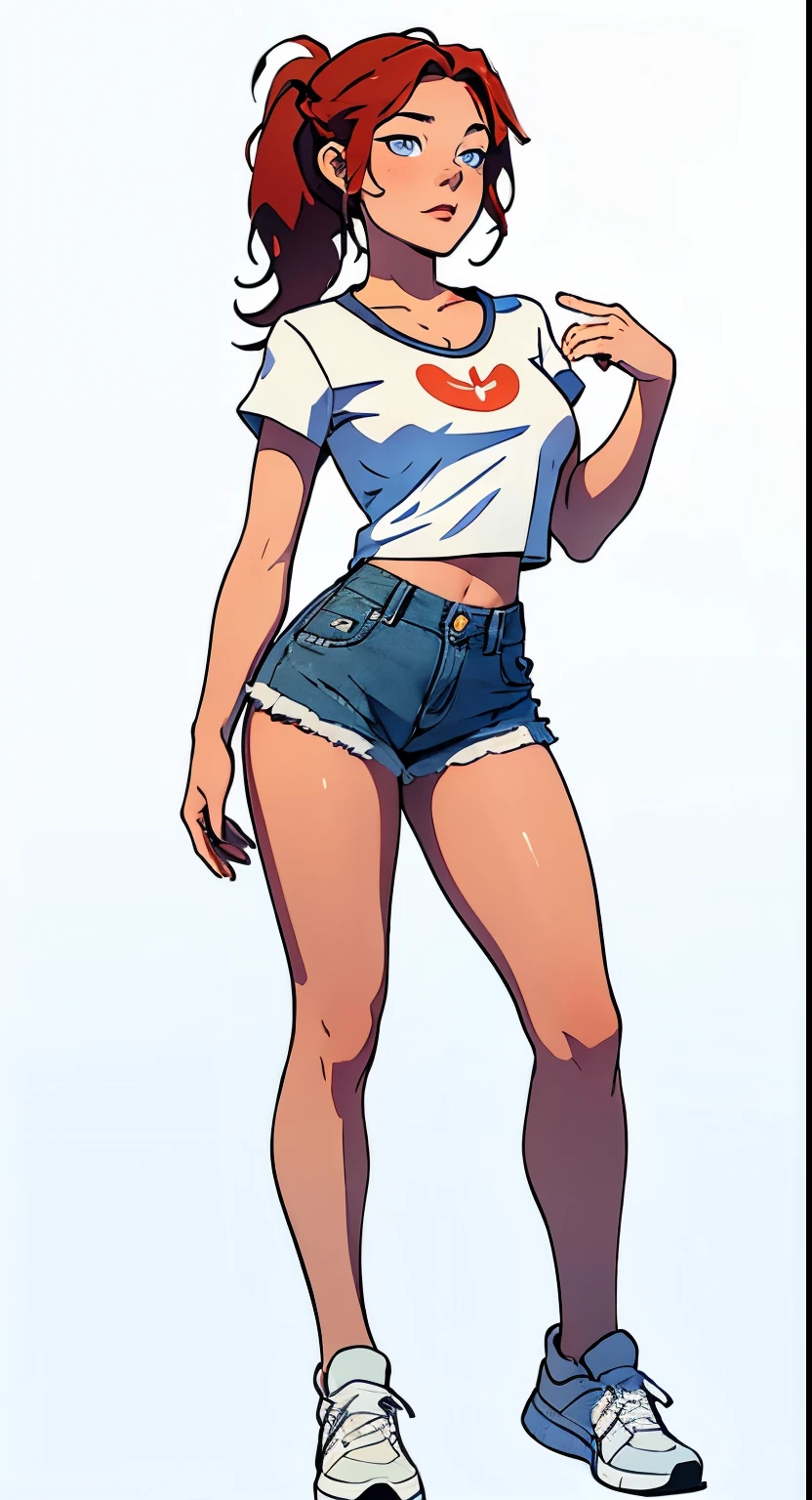 Fmasterpiece, best quality, full body,1girl,the highest image quality, 21-year-old woman, looks like Olivia Dunne, bright red hair, blue eyes, wearing a white graphic tee and denim shorts, large breasts, White background, empty background whole body , neutral pose, surprised expression
