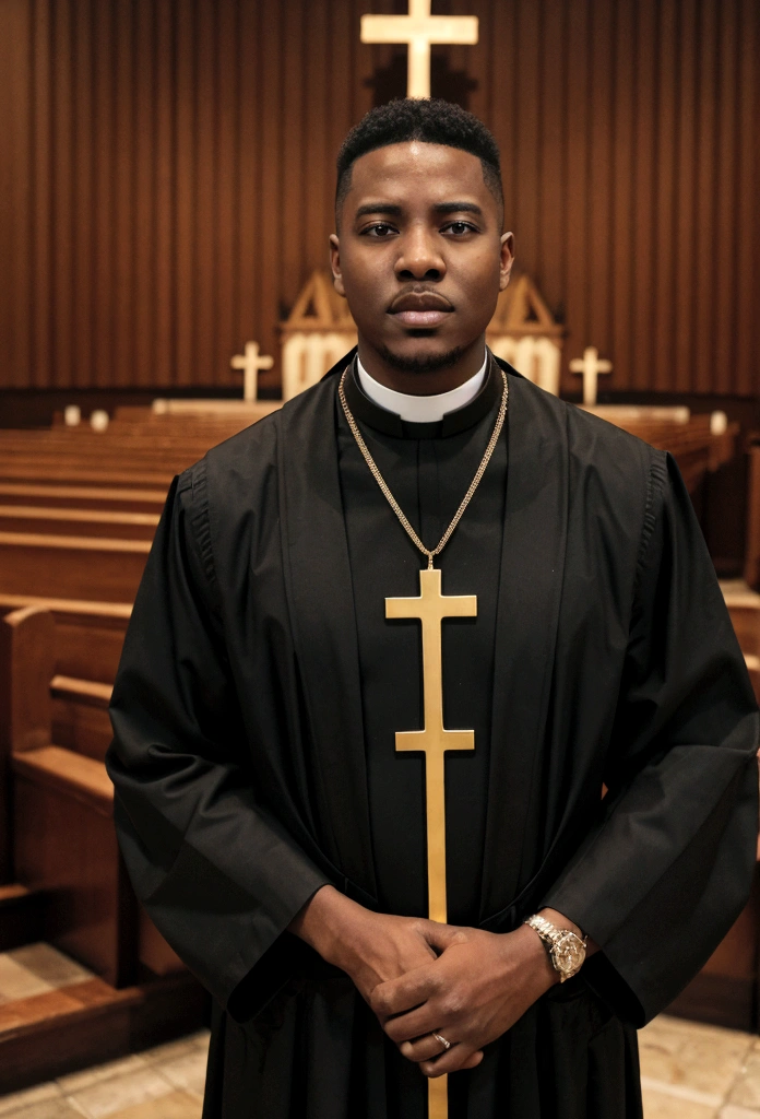 A (( young black male pastor wearing a large cross pendant, clergy collar, and robes)), in his ((living room)) accompanied with ((50 year church mother who is wearing revealing clothing and is extremely busty showing a gross amount of cleavage:1.3)).