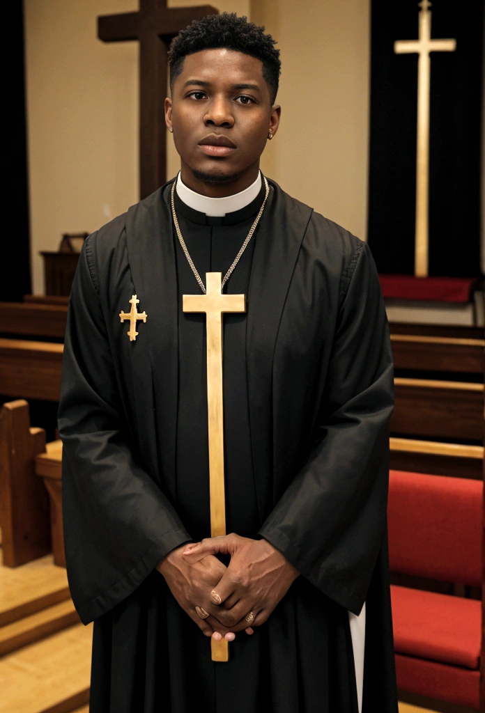 A (( young black male pastor wearing a large cross pendant, clergy collar, and robes)), in his ((living room)) accompanied  with  ((50 year church mother who is wearing revealing clothing and is extremely busty showing a gross amount of cleavage:1.3)).