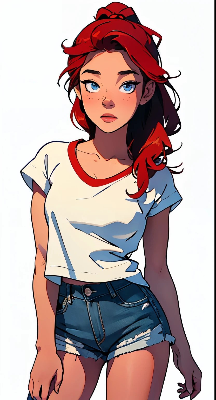 Fmasterpiece, best quality, full body,1girl,the highest image quality, 21-year-old woman, looks like Olivia Dunne, bright red hair, blue eyes, wearing a white graphic tee and denim shorts, large breasts, White background, empty background whole body , neutral pose, surprised expression