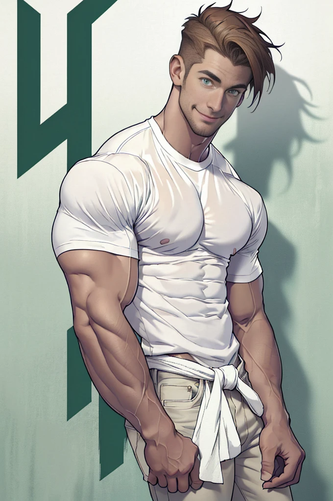 Clear background、Looking down at a standing handsome tall man, He is 28 years old,Thin waist,The pectoral muscles are well developed, Smiling, He is 175cm tall,Weight 62 kg、upper right corner of face、yellow-green eyes、brown hair color、short hair、White T-shirt、jeans、White long wet socks.