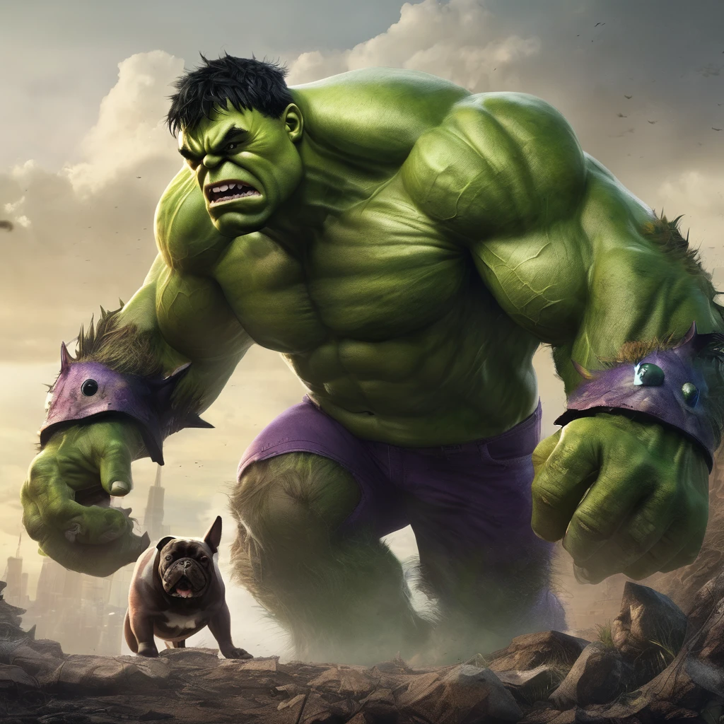 Create a portrait of hulk with his pet monster dog