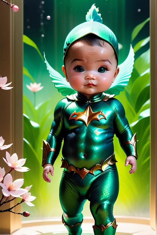 A majestic, time capsule unfurls before us, its worn, golden edges creaking with age. A tender ink wash painting of a chubby-cheeked baby Aquaman in green scaly spandex dominates the center, futuristic Gotham City in the background surrounded by delicate brushstrokes of modern Asian artistry. Whispers of cherry blossom petals and wispy clouds dance across the borders, as if carried on the gentle breeze of a spring morning. The capsule's parchment glows with an otherworldly luminescence, set against a rich, burnt-orange background that seems to pulse with the warmth of a crackling fire. Vibrant colors burst forth from the edges, like the first blush of dawn on a summer solstice - chromatic aberration adds a mesmerizing depth, as if we could reach out and touch the tender strokes. The overall effect is a cinematic masterpiece, a UHD-worthy still-life that defies the boundaries of time and space.