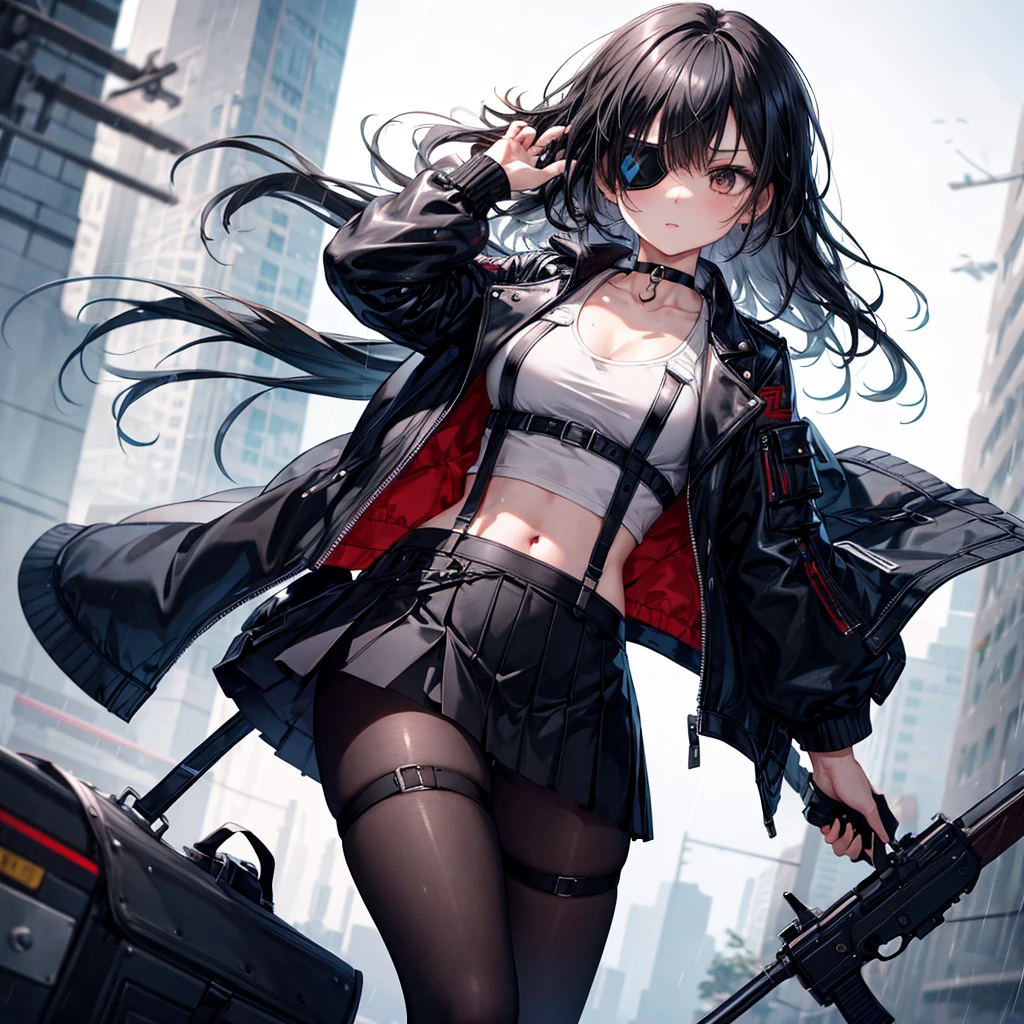 ((Highest quality)), ((masterpiece)), (detailed), ((Highest quality)), ((masterpiece)), (detailed), 1girl, 独奏, have a pistol, black hair, eyepatch, crop top, leather jacket, Miniskirt, suspender skirt, pantyhose, panties, panties under pantyhose, choker, bracelet, battoujutsu stance,weapon, rain, (wet), see through, expressionless, ass pov