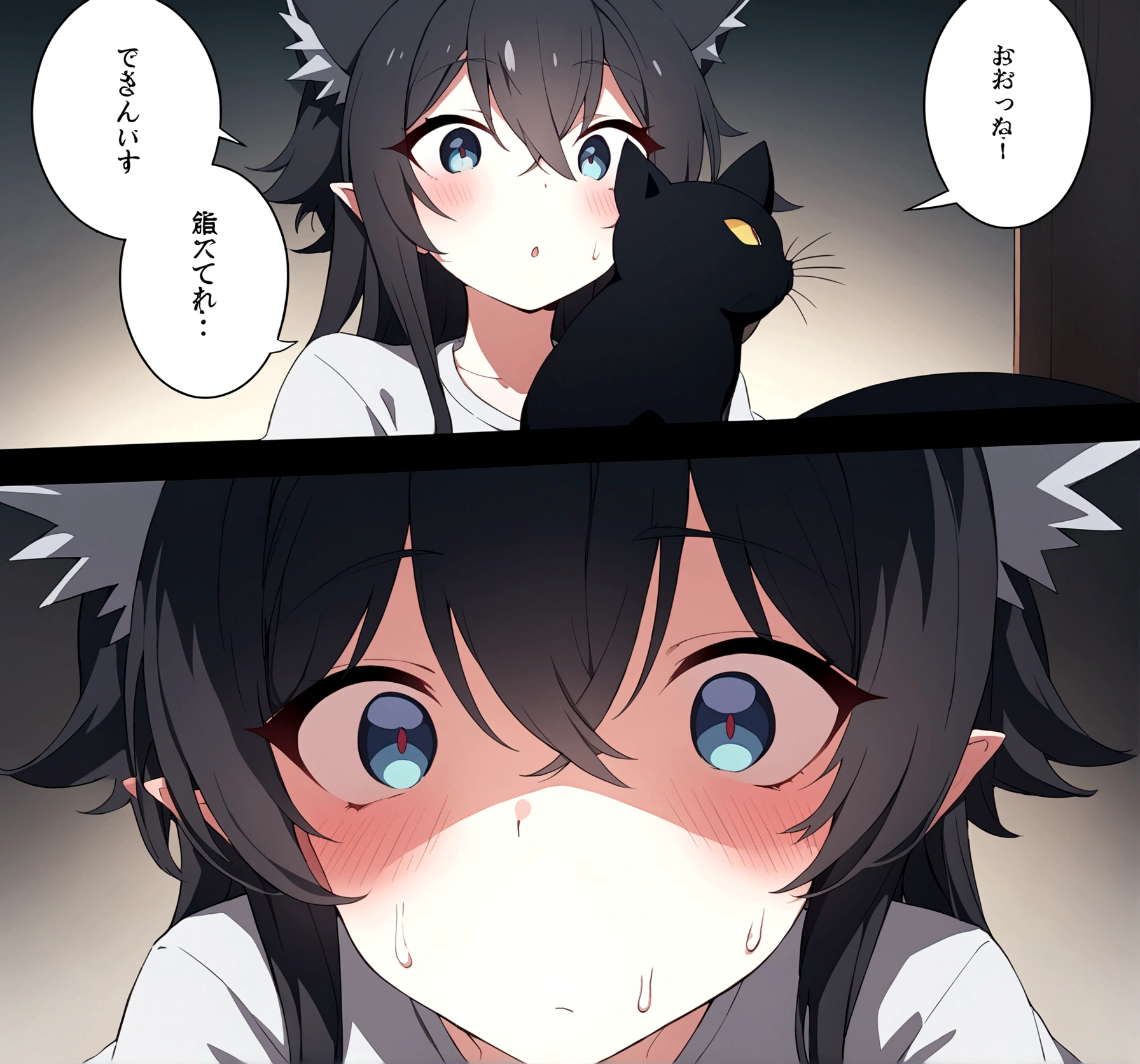  アニメ, Bblack hair, long bangs, spiky hair, and black cat ears that look like horns, with gray and black lines on the shirt, with black panties, Eyes red, surprise comic with a dick in her face