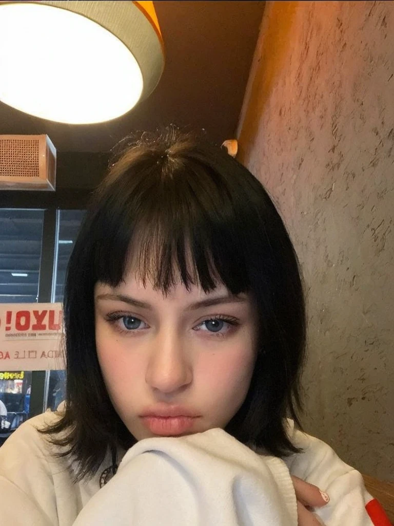 Pale teenage girl with silky black hair and bangs above her eyebrows, with small pink lips and a small, thin potato nose and light green eyes, taking a photo pouting with a white sweatshirt and good quality