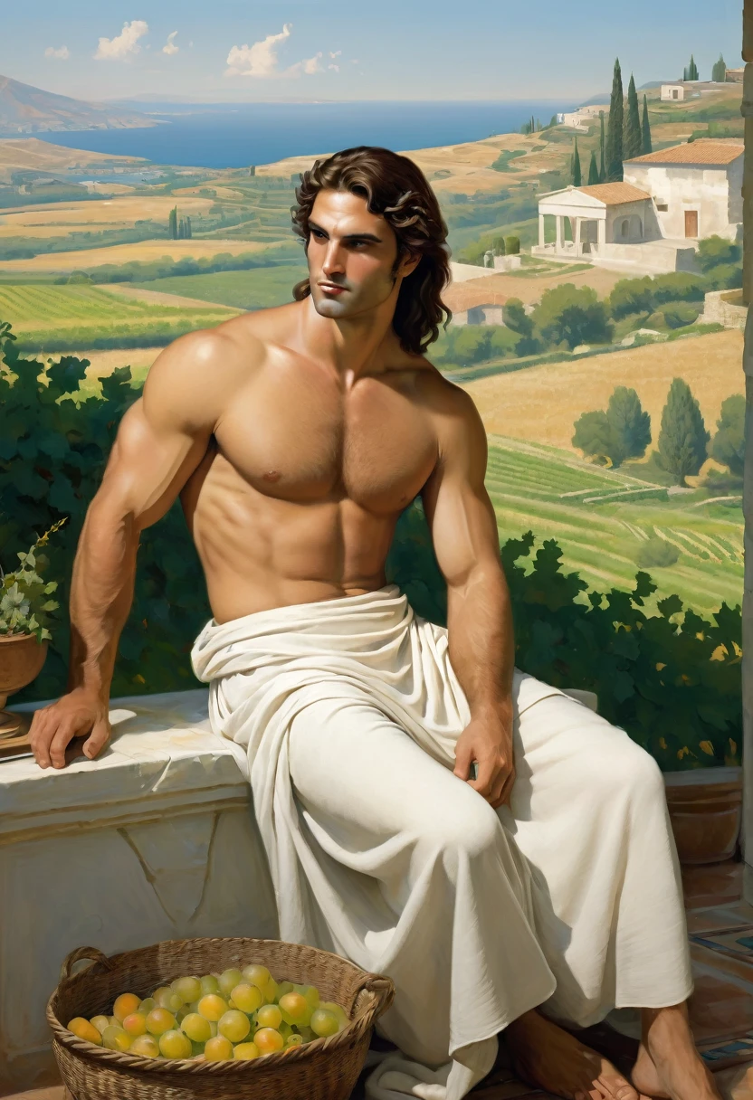 Young, Manly, muscular Greek Noble from the hellenistic Period of Ancient Greece. The man is relaxing in his home with a vast expanse of green fields in the background, far from his vineyard. The man is wearing nothing but a simple white tunic and his broad muscules are very much on display. He has long brown hair but no hair on his face.