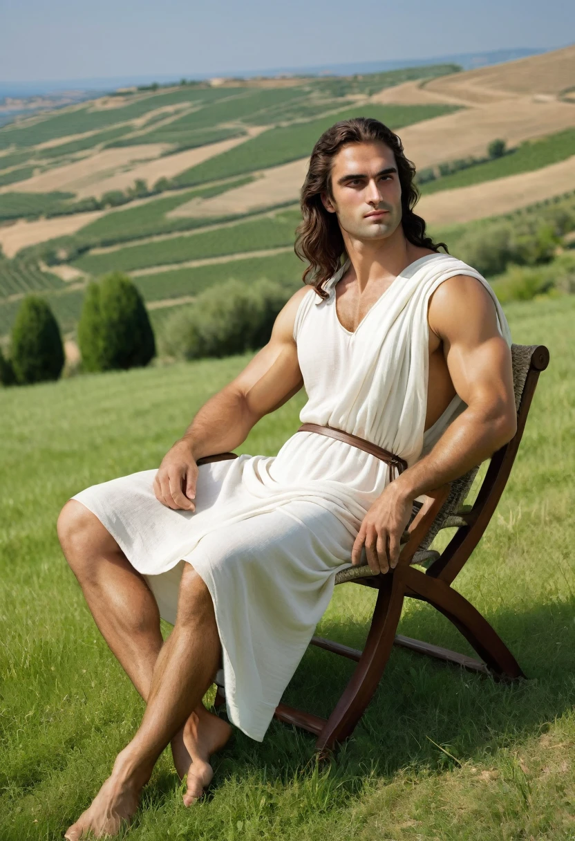 Young, Manly, muscular Greek Noble from the hellenistic Period of Ancient Greece. The man is relaxing in his home with a vast expanse of green fields in the background, far from his vineyard. The man is wearing nothing but a simple white tunic and his broad muscules are very much on display. He has long brown hair but no hair on his face.