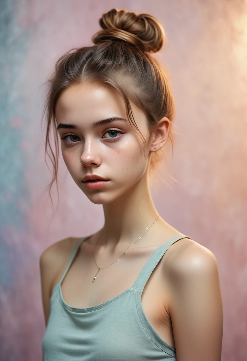 (Cinematic photo: 1.3) From (really: 1.3), (comfortable: 1.3) Beautiful 18 year old girl, (difficult messy bun of light brown hair), высокодеталFromированная текстура кожи, skinny shoulders, realistic texture кожи, looks straight into the camera, (looks at the viewer), pout, pastel, Shine, Dramatic, Dreamy, pastelный цветочный сад, Thin, skinny, gentle, Высокая деталFromация, difficult, digital painting, Fantasy theme,skinny , bare belly, Fantasy concept art , Fantasy Characters, Beautiful age girl, Perfect body, highly detailed full-length shot, Dreamy, pastel, watercolor, strange, gentle, highly detailed texture, realistic texture, digital painting, высокодеталFromированная фотография (art deco: 1.3), (ФотореалFromм: 1.3), (Классический реалFromм: 1.3), (Fujifilm Superia: 1.3), Natural, golden hour light