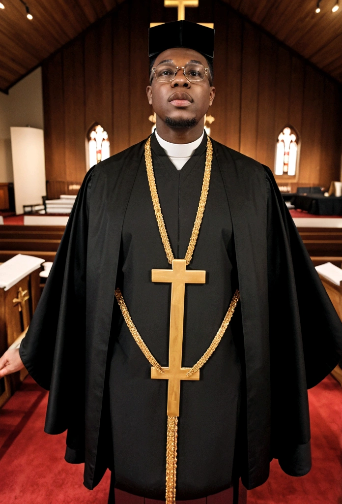 A (( young black male pastor wearing a large cross pendant, clergy collar, and robes)), in his ((living room:1.4)) accompanied by a ((50 year church mother who is wearing revealing clothing and is extremely busty showing a gross amount of cleavage:1.3)).