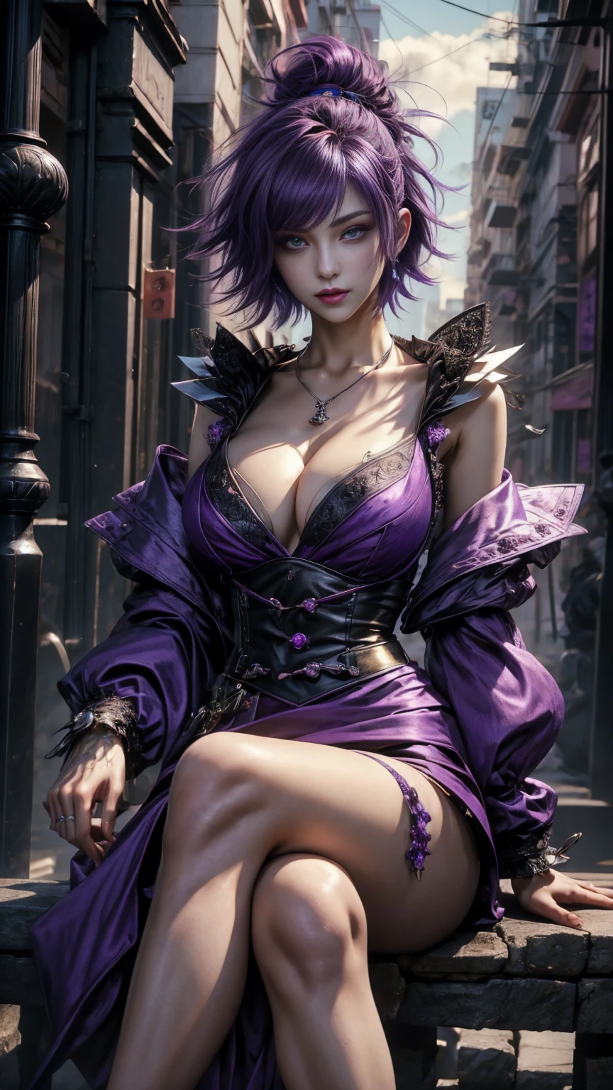 ​masterpiece, top-quality, ((1womanl)), different purple color, finely eye and detailed face, intricate detailes, Casual black and purple attire, window, A smile, Happiness, tenderness, high-level image quality、selfee, Beautuful Women、tall、a small face, D-cups, The upper part of the body、nightfall, nighttime scene、𝓡𝓸𝓶𝓪𝓷𝓽𝓲𝓬、Korea person, Idol Photos, Model photo, k pop, Professional Photos, Vampires, Korean fashion in black and purple, Fedoman with necklace, inspired by Sim Sa-jeong, androgynous vampire, :9 detailed face: 8, extra detailed face, detailed punk hair, ((eyes are deialed)) baggy eyes, Seductive. Highly detailed, semi realistic anime, Vampires, hyperrealistic , Delicate androgynous princess, imvu, ((short hair woman)), purple hair woman with wild look, ((Woman with short purple hair)), ((1 persons)), ((sitting, big perky breasts, deep cleavage, oily skin, oily body)), ((1 persons)), sitting, legs crossed, POV from below,))