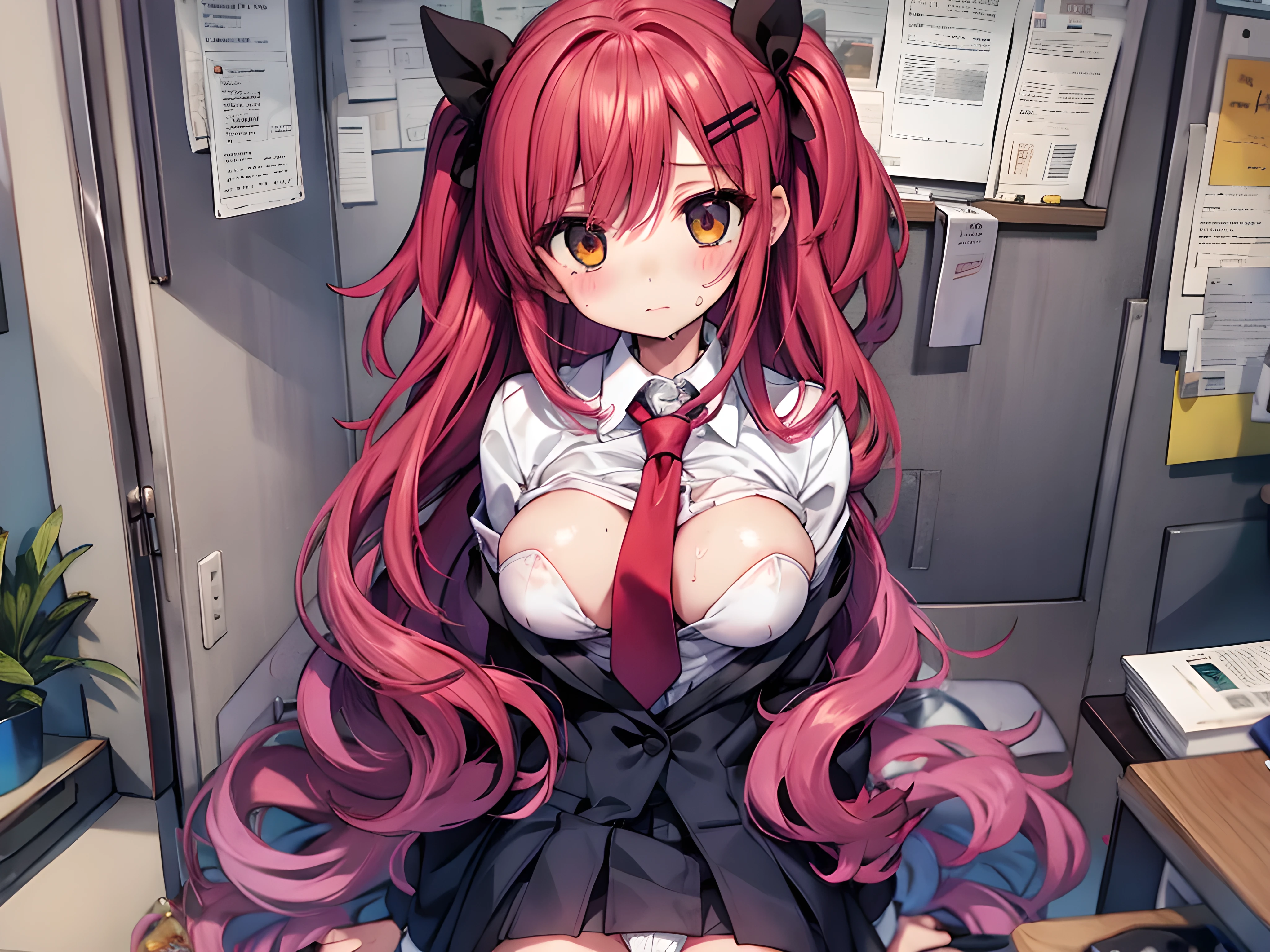 1 girl, masterpiece, POV, (red hair), brown eyes, red bang, two side up, black ribbon, (school blazer uniform), black blazer, white shirt, yellow ribbon tie, check pattern green skirt, ((take off clothes)), exposing breasts, exposing pussy, ((in love hotel)), ((sex)), missionary position, (strong orgasm), drool, ((cum in pussy:1.2))
