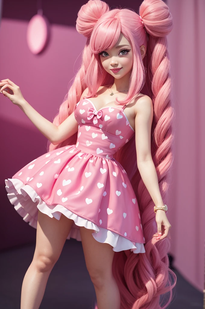 Funky 3D Disney style character, all pink with long pink hair in a red heart dress