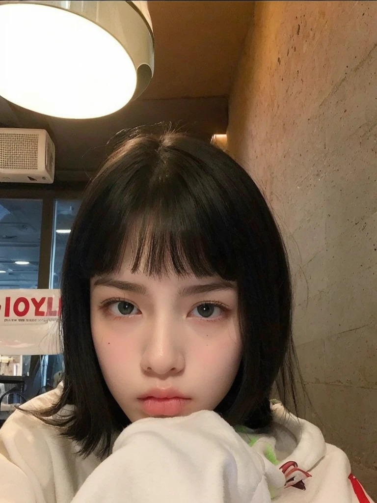 Pale age girl with silky black hair and bangs above her eyebrows, with small pink lips and a small, thin potato nose and light green eyes, taking a photo pouting with a white sweatshirt and good quality