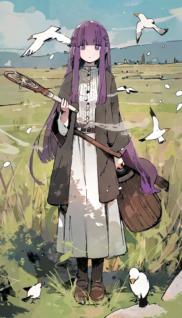 flat color, a girl named fern from sousou no freiren series, holding a huge magic wand, standing on the lawn, wind, day, amazing quality, very beautiful color, by iamuu, aesthetic, birds, beautiful scenery