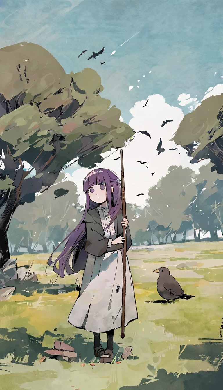 flat color, a girl named fern from sousou no freiren series, holding a huge magic wand, standing on the lawn, wind, day, amazing quality, very beautiful color, by iamuu, aesthetic, birds, beautiful scenery
