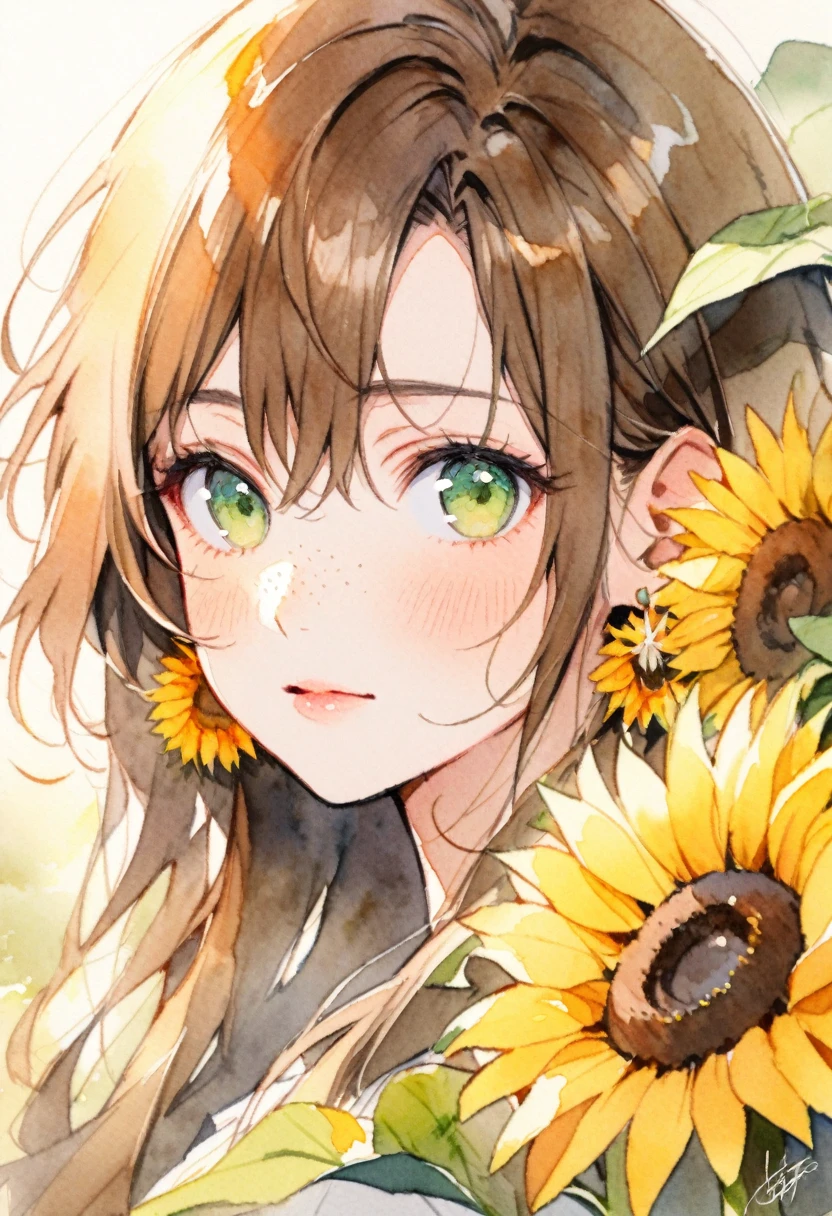 (watercolor:1.2),1girl, solo, flower, sunflower,freckles, portrait, leaf, bangs, signature, yellow flower, brown hair, long hair, green eyes, hair between eyes, flower earrings