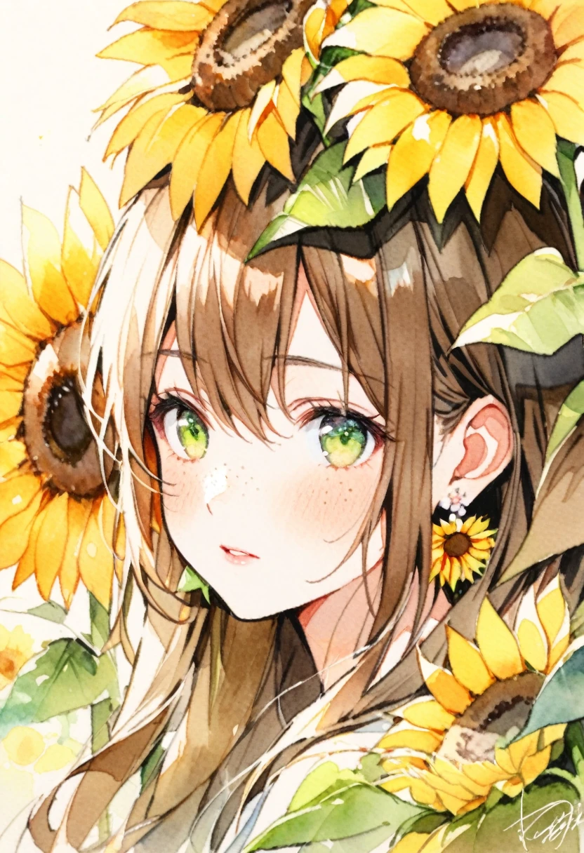 (watercolor:1.2),1girl, solo, flower, sunflower,freckles, portrait, leaf, bangs, signature, yellow flower, brown hair, long hair, green eyes, hair between eyes, flower earrings
