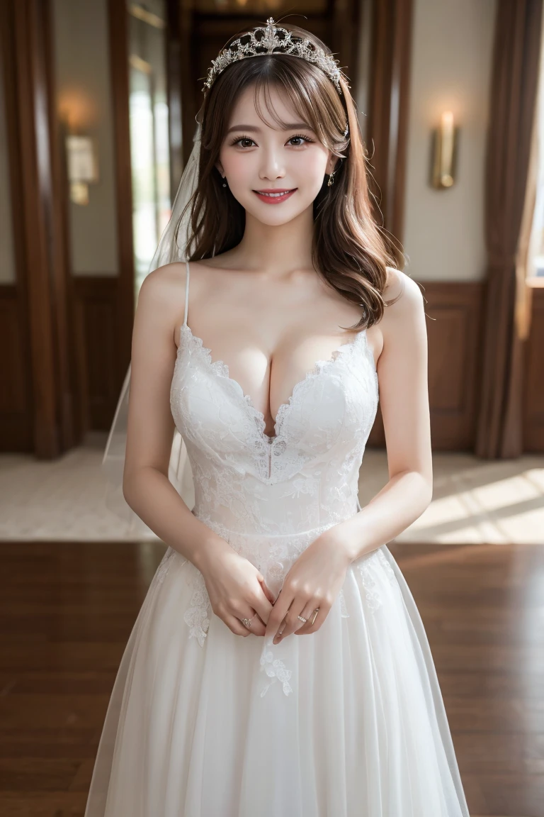 skyscraper, Highest quality, shape, Very detailed, In detail, High resolution, 8k wallpaper, Perfect dynamic composition, Beautiful details,  Natural Lip, A gorgeous wedding dress and a tiara on her head , Big Breasts, Cleavage, She is smiling as she opens her legs in a sexy pose exposing her pussy.., A masterpiece of the whole body, 