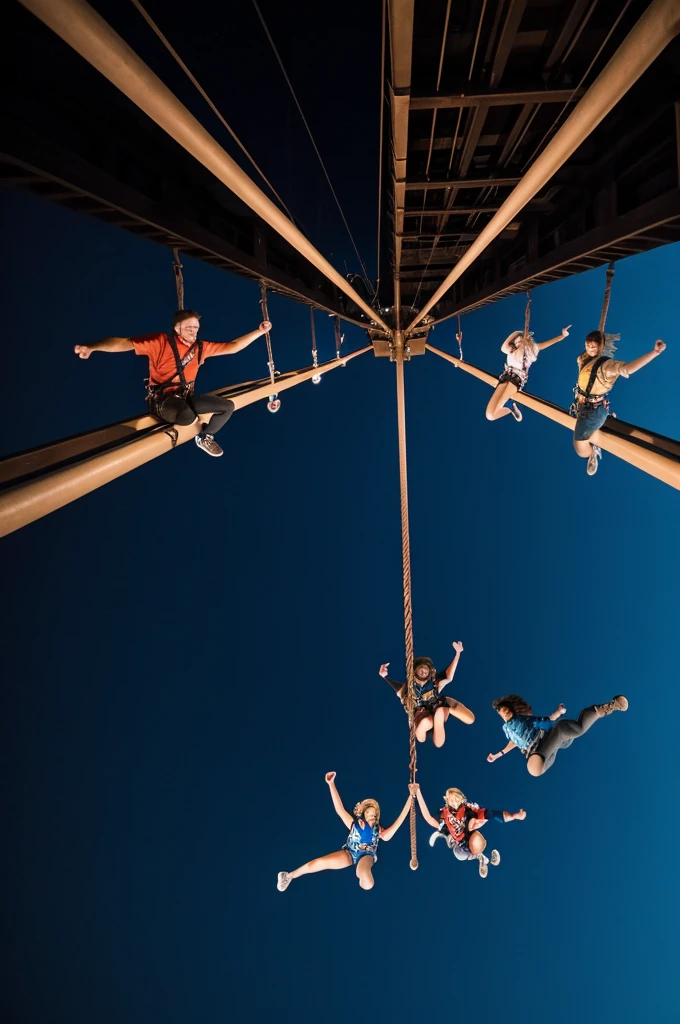 Group of friends on a bungee at night, seen from below.