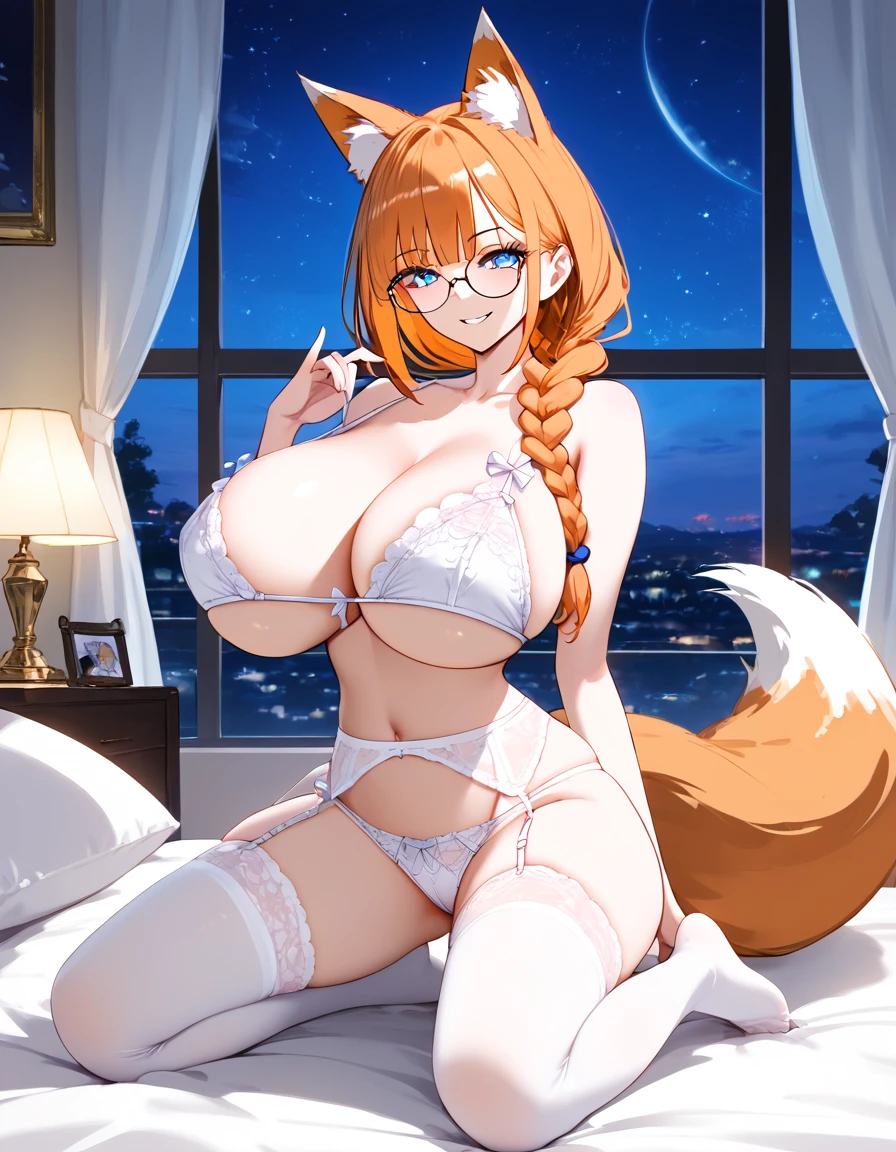 (huge breasts:1.4) (masterpiece) (high quality) (best quality) (1girl), (solo), (slim waist:1.3), (looking at viewer), adorable, bedroom, fox ears, fox tail, decorated lingerie panties, decorated lingerie bra, circular glasses, smirk, full body portrait, braided ponytail, light blue eyes, night sky visible out of window, dark lighting, light orange hair, kneeling on bed, garter belt, garter straps, white lingerie stockings, legs spread, underboob