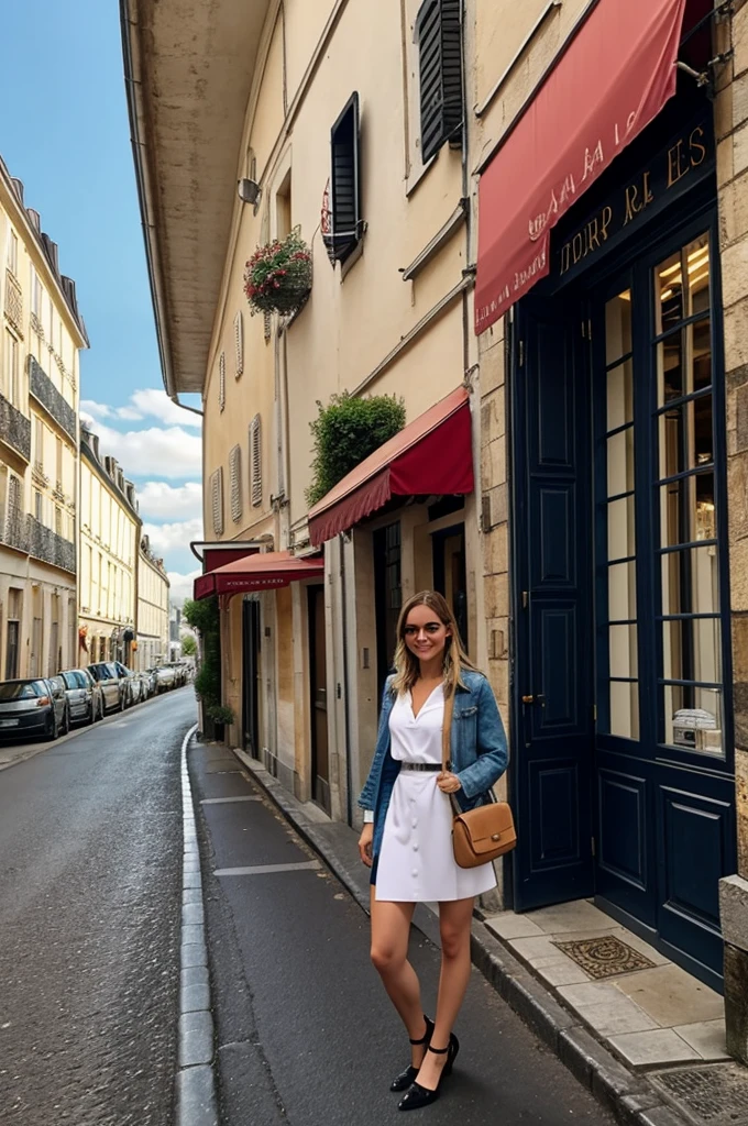 Emma Myers in France next to a fancy restaurant