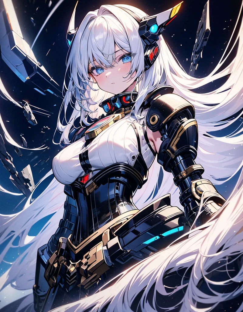 masterpiece,best quality,ultra-detailed,very detailed illustrations,extremely detailed,intricate details,highres,super complex details,extremely detailed 8k cg wallpaper,cowboy shot, caustics,reflection,ray tracing,demontheme,nebula,dark aura,cyber effect, (1girl:1.4),solo,alone,mecha musume,mechanical parts, robot joints,single mechanical arm, headgear, mechanical halo,star halo,intricate mechanical bodysuit, mecha corset, kimono, full armor, very long hair,white hair, hair between eyes, white and light blue hair, colored inner hair, blue eyes,glowing eye,random action, ancient japanese architecture,pond, starry sky,skyline, Happy sexy face, damaged oversized white shirt over the mecha upper body, one black stoking, one white stoking, slim body, medium size breast, bare shoulders, bare legs,
