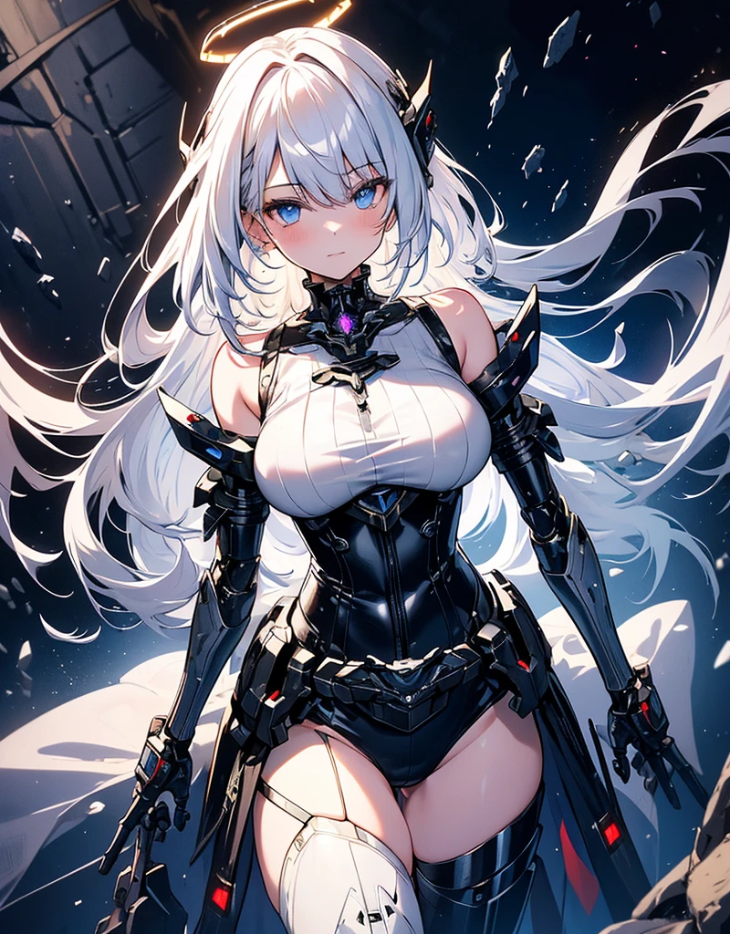 masterpiece,best quality,ultra-detailed,very detailed illustrations,extremely detailed,intricate details,highres,super complex details,extremely detailed 8k cg wallpaper,cowboy shot, caustics,reflection,ray tracing,demontheme,nebula,dark aura,cyber effect, (1girl:1.4),solo,alone,mecha musume,mechanical parts, robot joints,single mechanical arm, headgear, mechanical halo,star halo,intricate mechanical bodysuit, mecha corset, kimono, full armor, very long hair,white hair, hair between eyes, white and light blue hair, colored inner hair, blue eyes,glowing eye,random action, ancient japanese architecture,pond, starry sky,skyline,  Happy sexy face, damaged oversized white shirt over the mecha upper body, one black stoking, one white stoking, slim body, medium size breast, bare shoulders, bare legs, 