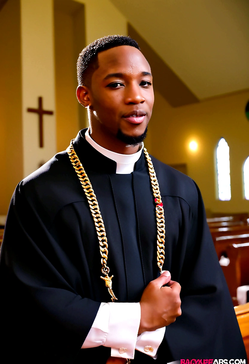 A (( young black male pastor wearing a large cross pendant, clergy collar, and robes)), in his ((living room:1.4)) accompanied by a ((50 year church mother who is wearing revealing clothing and is extremely busty showing a gross amount of cleavage:1.3)).