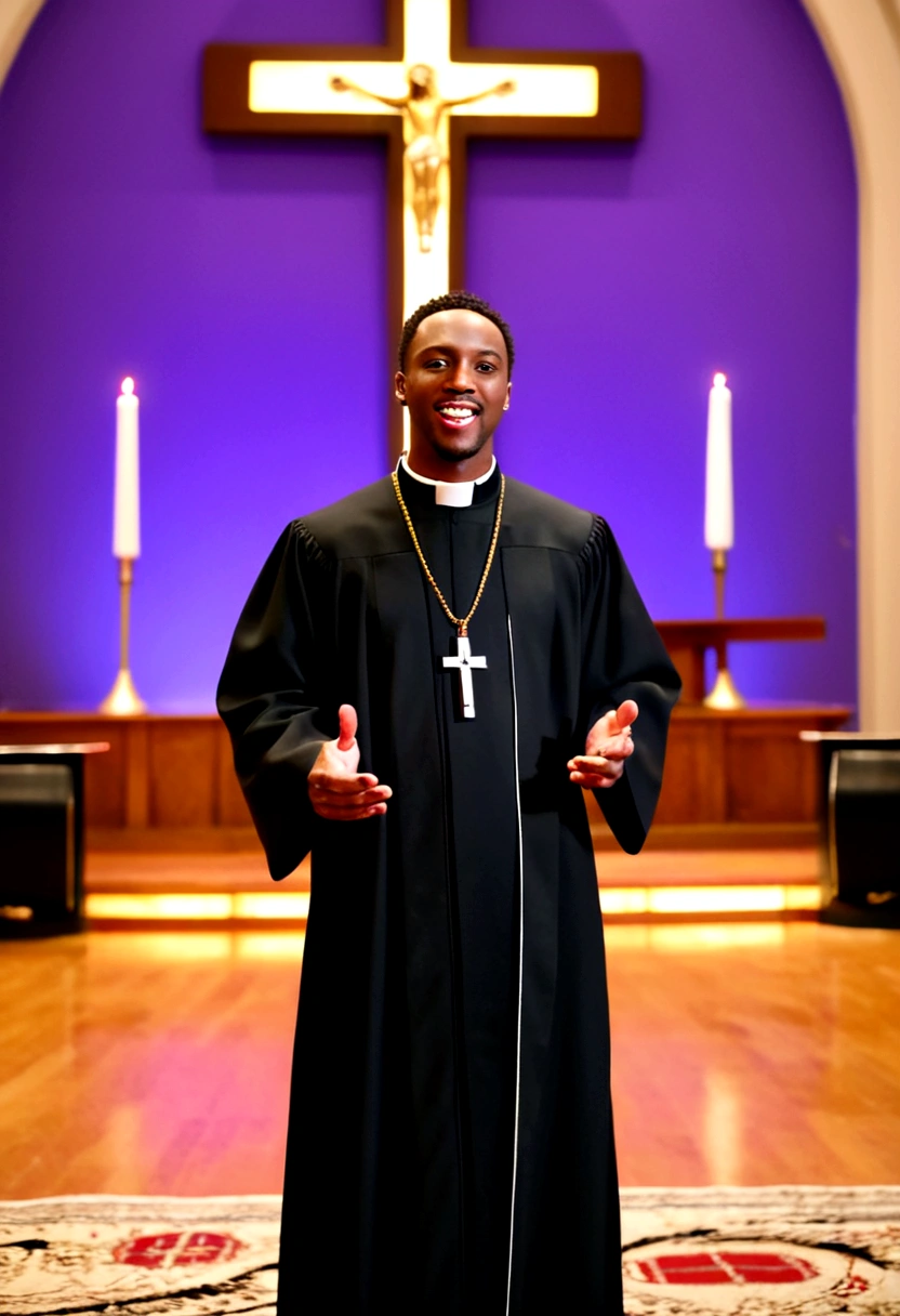 A (( young black male pastor wearing a large cross pendant, clergy collar, and robes)), in his ((living room:1.4)) accompanied by a ((50 year church mother who is wearing revealing clothing and is extremely busty showing a gross amount of cleavage:1.3)).