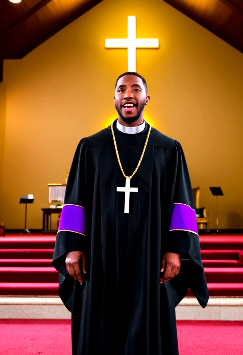 A (( young black male pastor wearing a large cross pendant, clergy collar, and robes)), in his ((living room:1.4)) accompanied by a ((50 year church mother who is wearing revealing clothing and is extremely busty showing a gross amount of cleavage:1.3)).