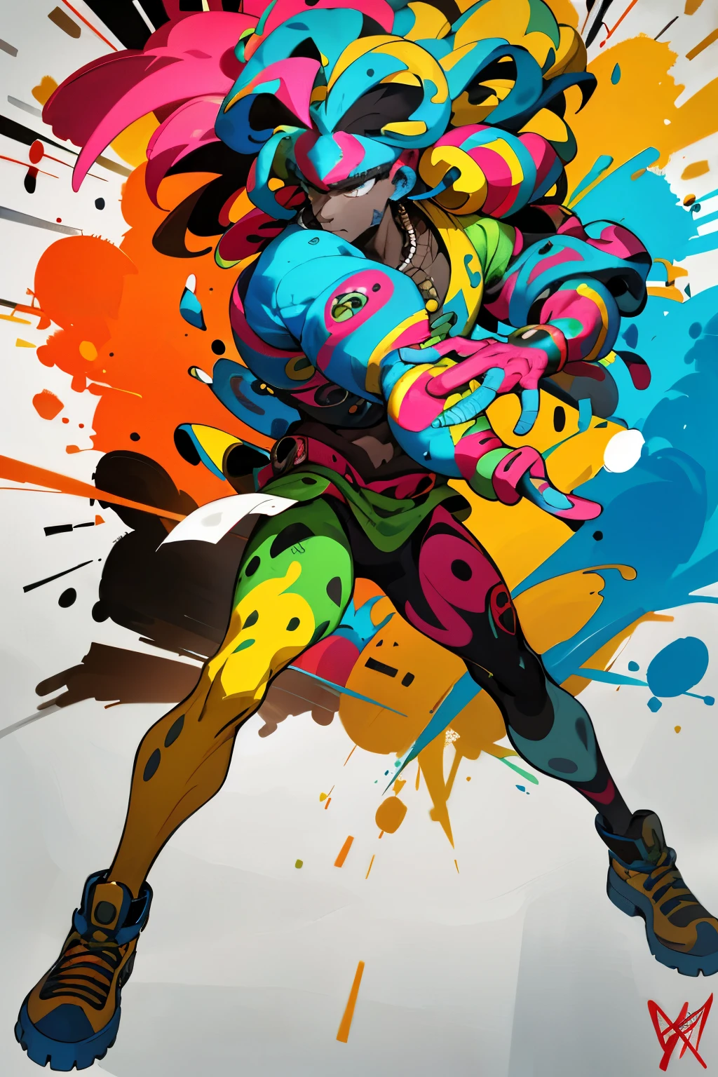 Artwork titled "JonOne S2":
In the center of the canvas, a distinctive figure emerges. This is JonOne, the renowned graffiti artist, his iconic afro doming the composition. The colors are vibrant and dynamic, a testament to his unique style, combining elements of African tribal art, abstract expressionism, and street culture. The background is a swirl of energy, a chaotic yet harmonious blend of colors and lines that echo JonOne's signature style. The artist's face is hidden, emphasizing the mystery that surrounds him, yet the confident stroke of his graffiti tool is unmistakable. The artwork exudes a sense of creativity