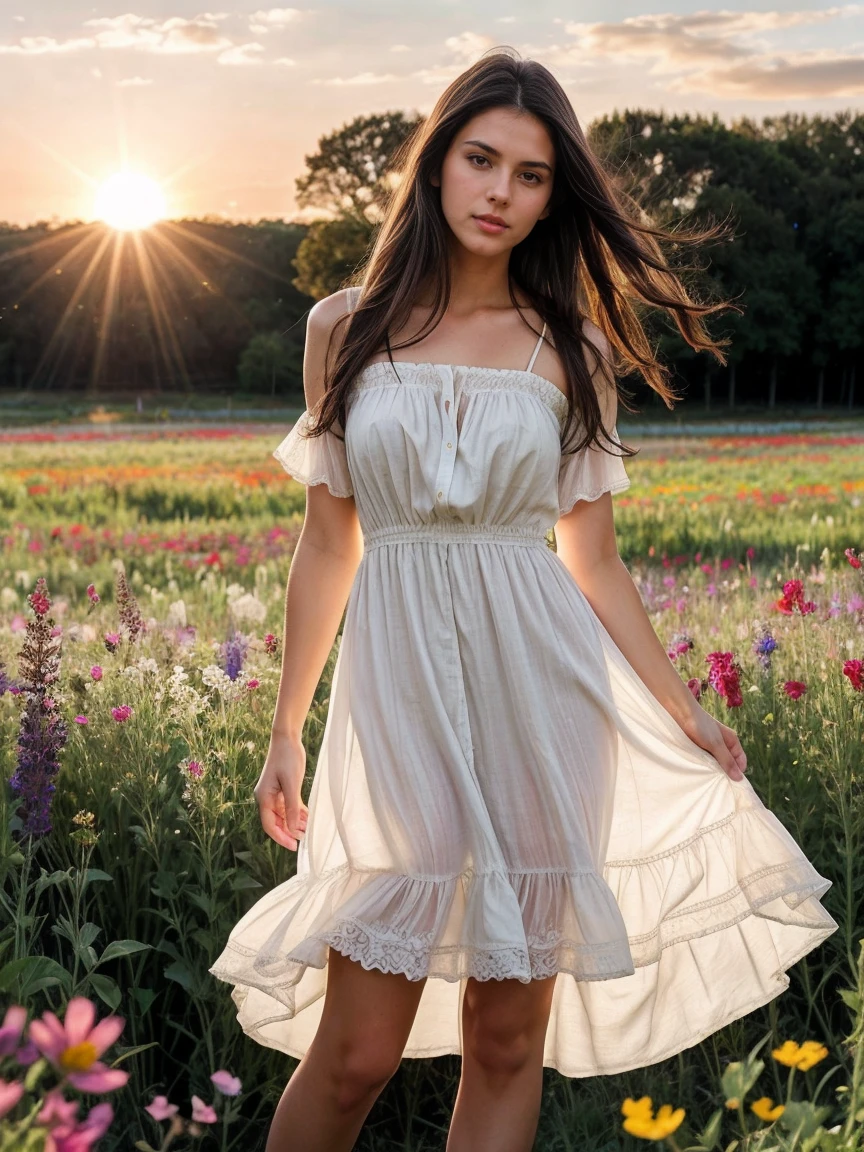 Sexy tall dark hair brunette, slightly wavy hair, 175cm tall, perfect body, in a flowy summer dress, standing in a field of wildflowers, with the sun setting behind her, raw photo, realistic UHD, 8k, realistic skin shadows, realistic skin texture, playboy photoshoot, viki odintcova