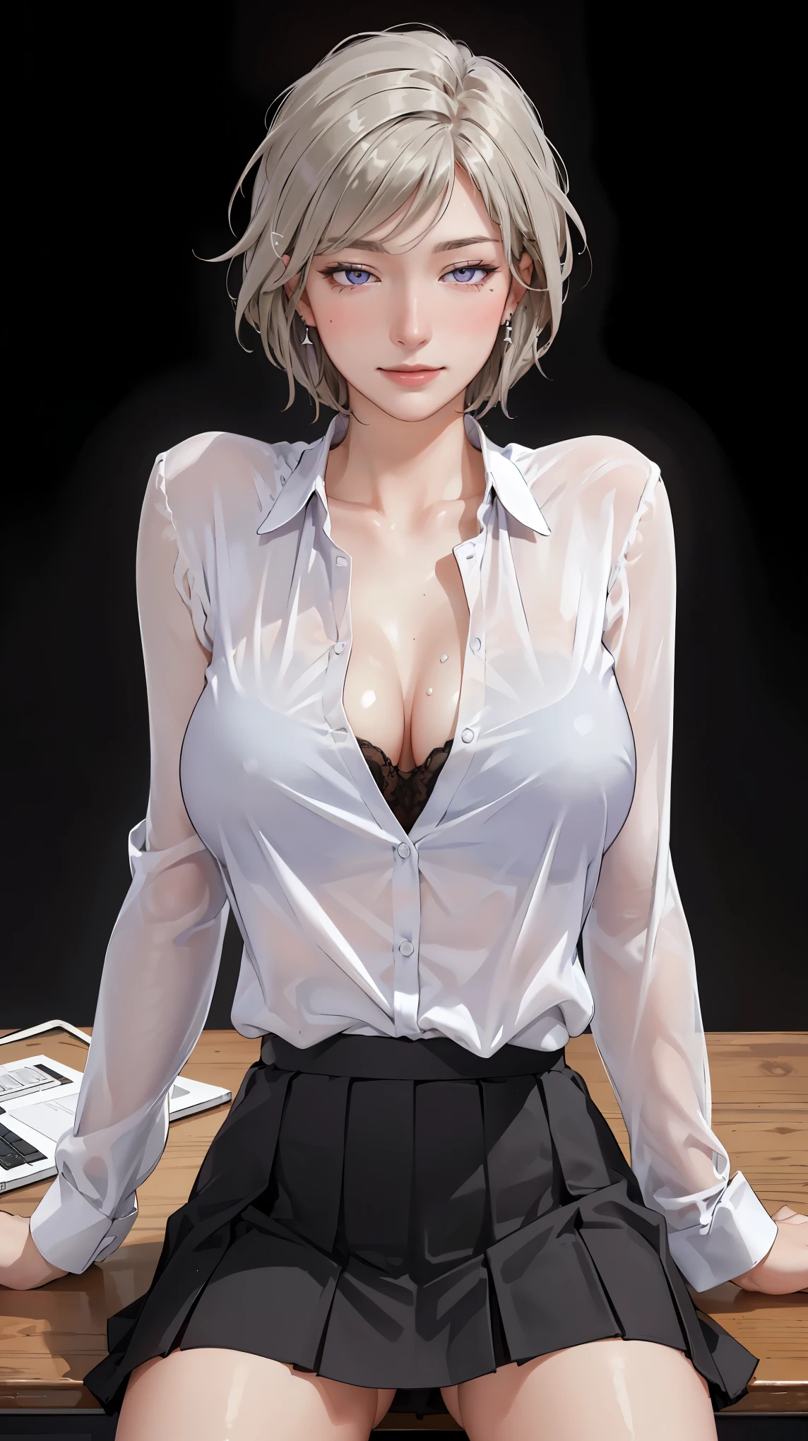 ((((masterpiece, best quality, high resolution)))), Extremely detailed 8K, Beautiful girl with voluptuous body, (Ultra HD, Ultra-detailed, Highly detailed, Highly realistic, Ultra-realistic, photograph realistic), (1girl:1.5), (Realistic white hair), (short wavy hair, hair ornaments, earrings), (dynamic poses), facing at camera, looking at viewer, (blushing red, embarrassed, exhausted, smile), (purple eyes, sharp eyes), (perky breasts:1.2), (beautiful detailed face, beautiful detailed eyes), ((unbuttoned white translucent blouse, black office skirt)), (detail pussy), (sitting on desk:1.3), sweat, glow, (nightlight), ((cowboy shot)), office room, seductive